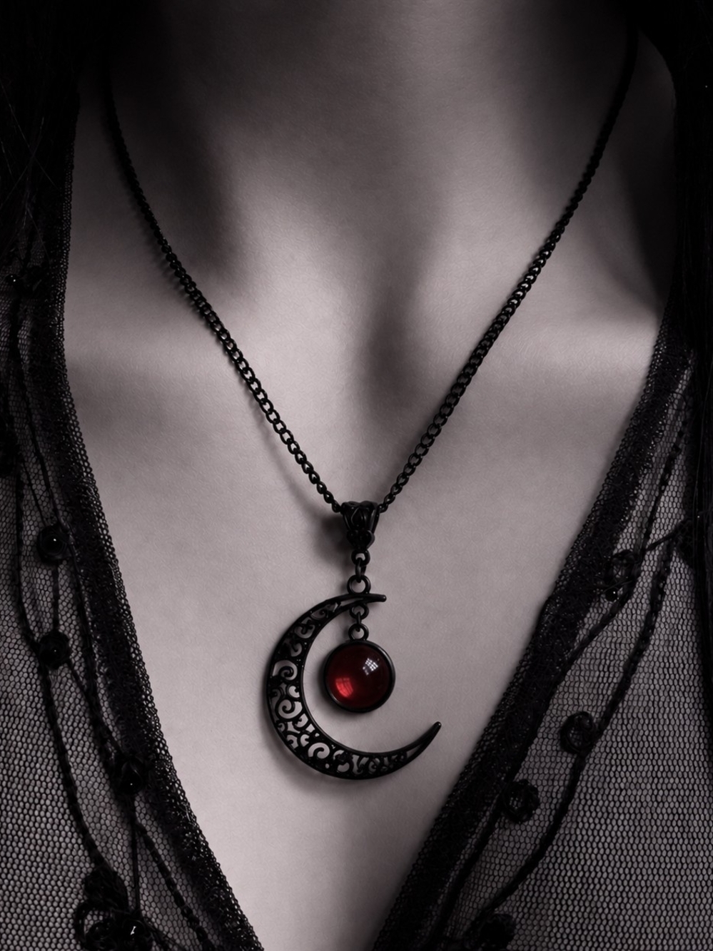 Black Crescent Moon Necklace – Red Orb Gothic Pendant